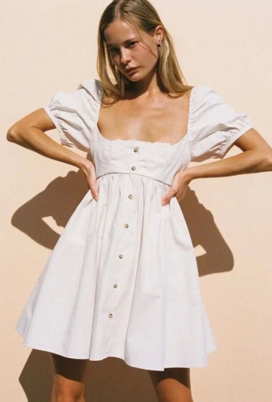 NWT Ciao Lucia Off-The-Shoulder Puff Sleeve Button-Front Dress Cream Size S